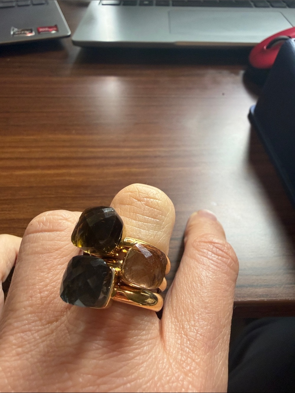 Gold 3 stackable Stone Statement Rings- Olive, Smoky Brown, Dark Green Stones,